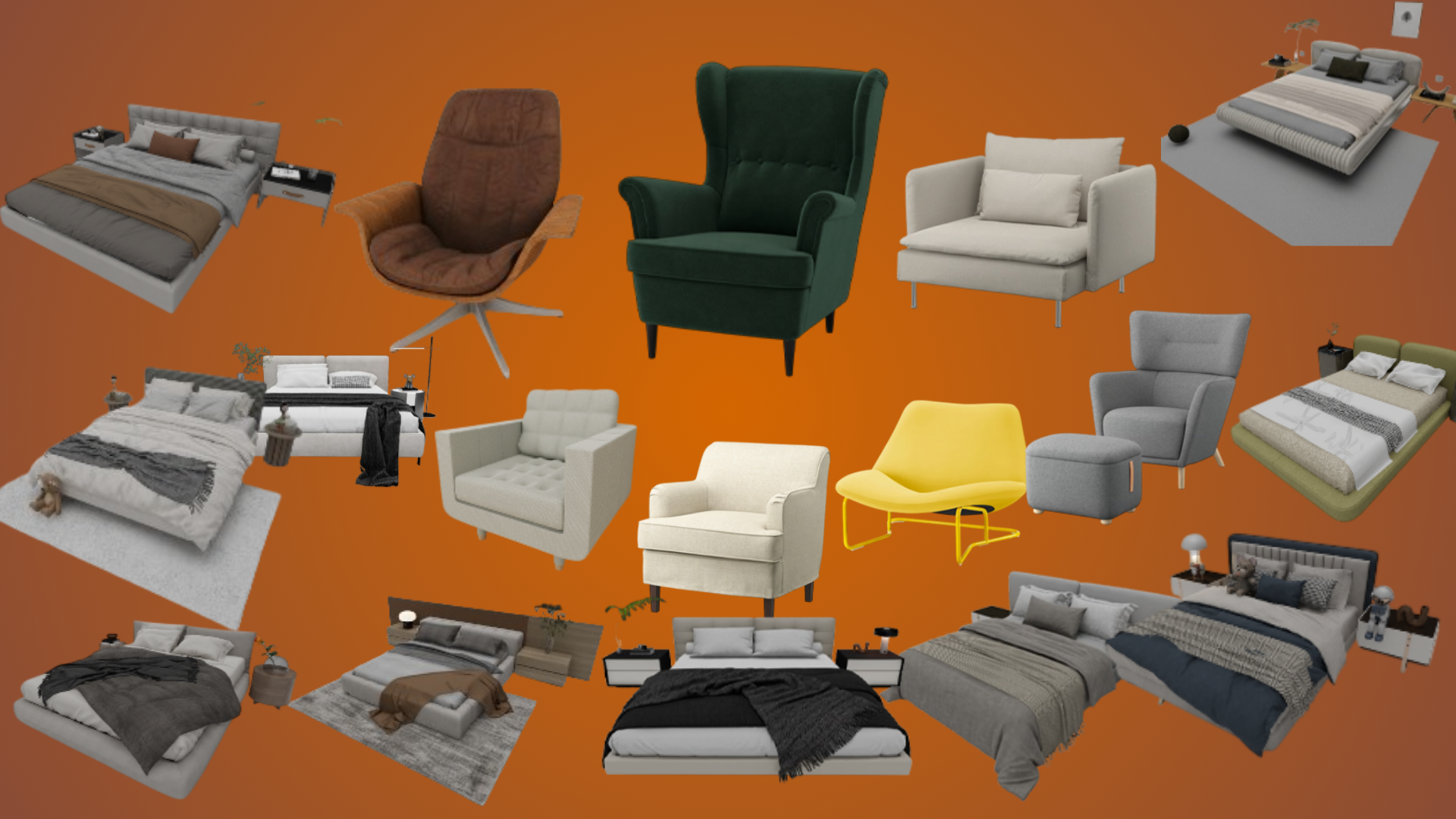Collage of SketchUp bed and armchair 3D models including a wingback chair, swivel chair, and platform beds