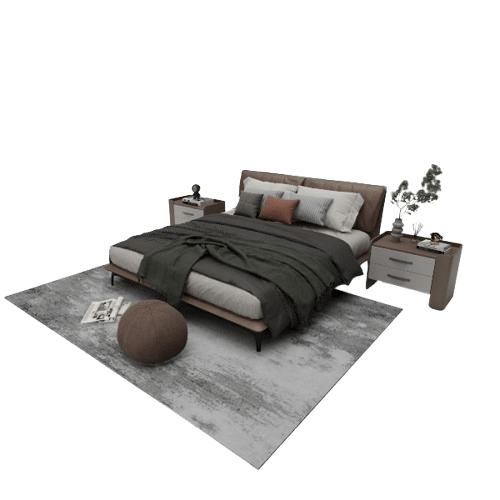 Modern Low-Profile Bed with Nightstands and Area Rug