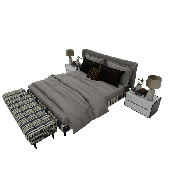 Ashford gray upholstered bed with striped tufted bench, front angle