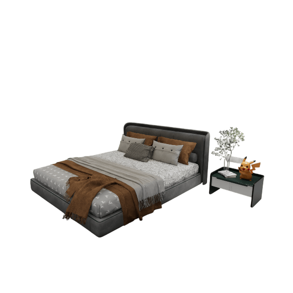 Harlow charcoal velvet bed with tufted headboard, front angle