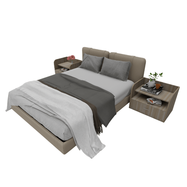 Nolan beige leather bed 3D model with tufted headboard and oak nightstands, front angle
