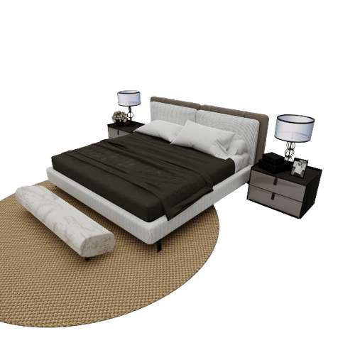 Weston boucle bed with marble bench and jute rug, front angle