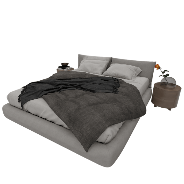 Aveline light gray bed with charcoal throw, front angle