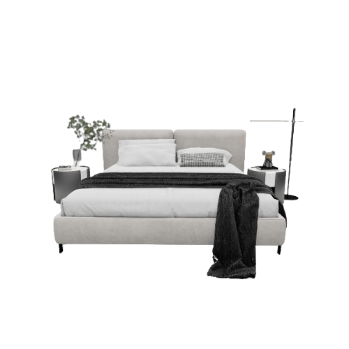 Dalton Split Headboard Bed 3D model, front view with gray upholstery and black legs