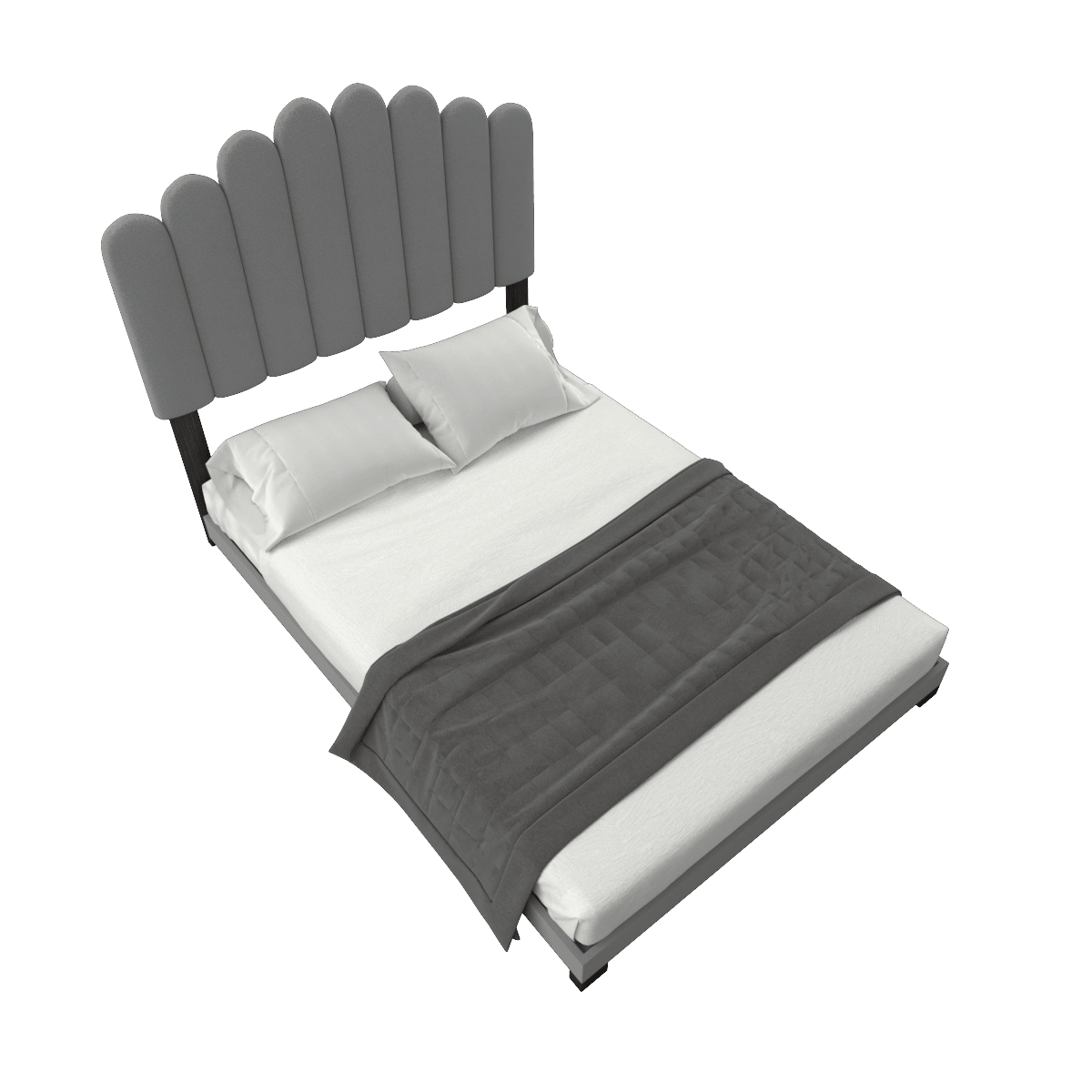 Dhugan linen platform bed 3D model with fluted channel headboard, angled view