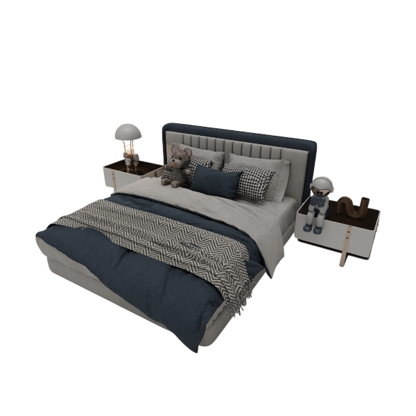 Everton channel tufted bed 3D model with navy headboard, front angle