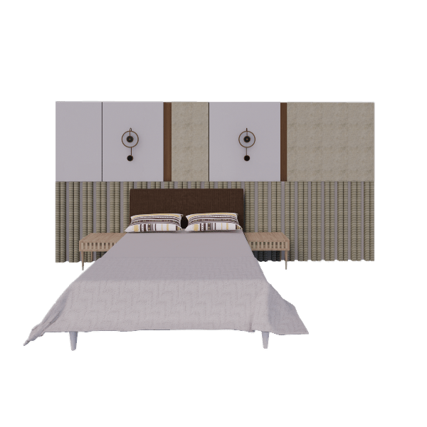 Larkspur fabric panel bed 3D model with extended back wall, front angle
