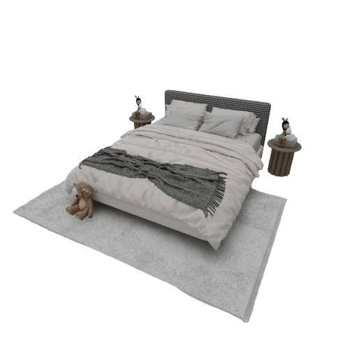 Harlow houndstooth bed 3D model with patterned headboard, front angle