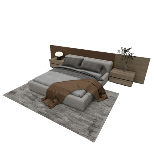 Hendrick wall panel bed 3D model with leather and wood headboard, front angle
