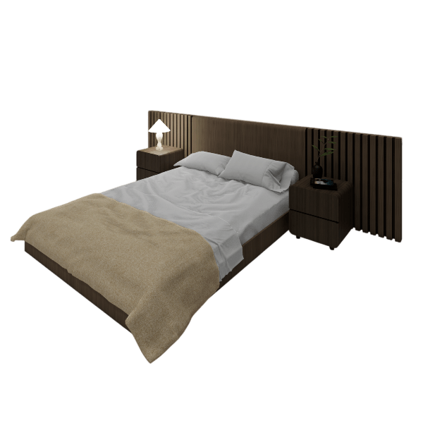 Kade slatted wood bed 3D model with extended headboard panel, front angle