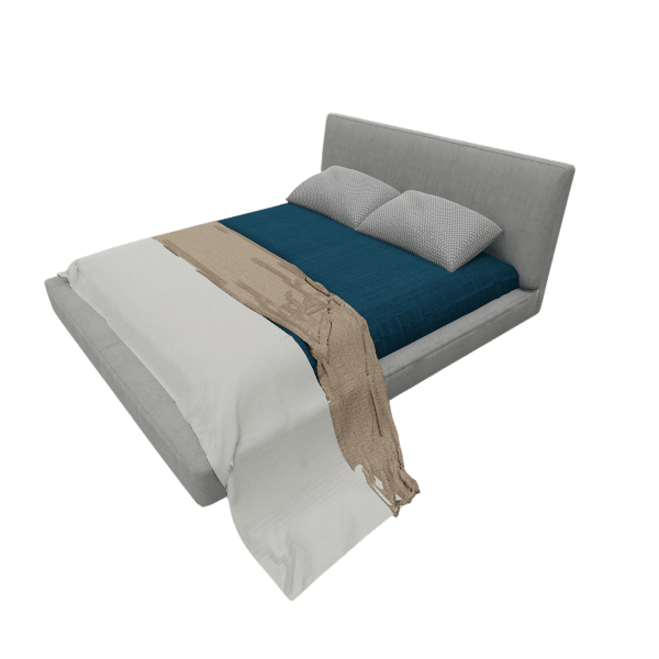 Marlow low platform bed 3D model with teal bedding, front angle