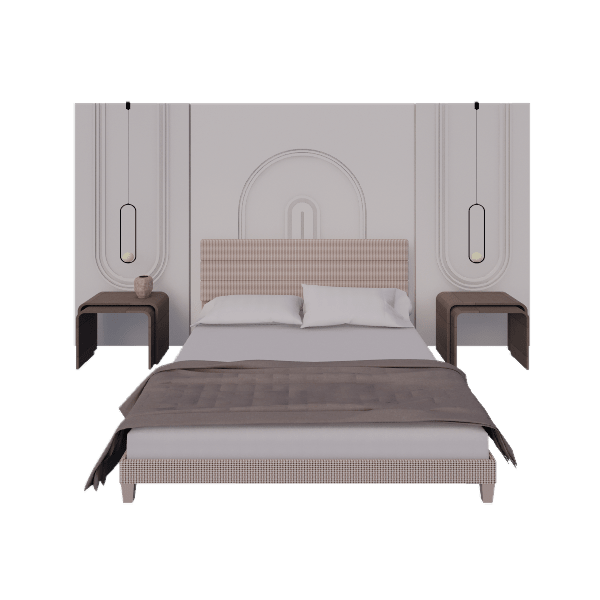 Round circle back panel bed 3D model with molded wall panel, front angle