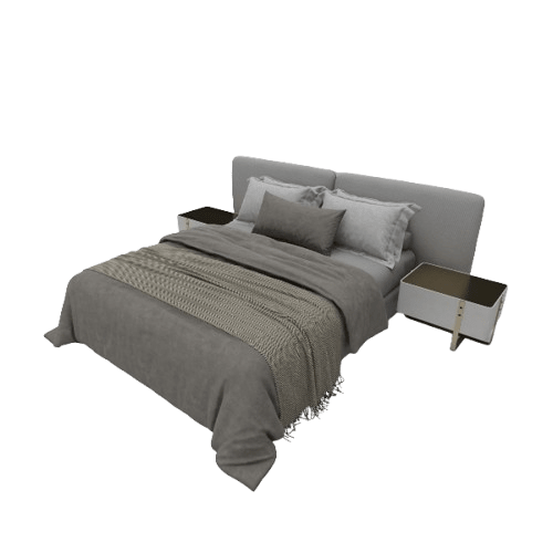 Rowan textured panel bed 3D model with quilted gray fabric headboard panels, close up