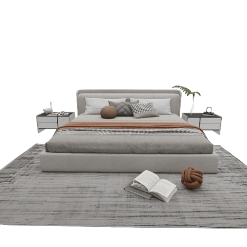 Sable curved headboard bed 3D model with round pedestal nightstand in a stacked mushroom inspired shape