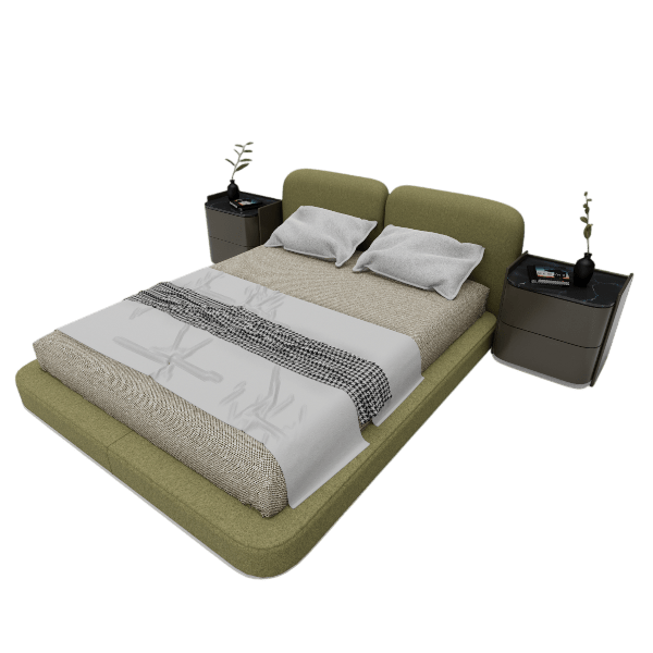 Sage olive boucle bed 3D model with rounded split headboard, front angle