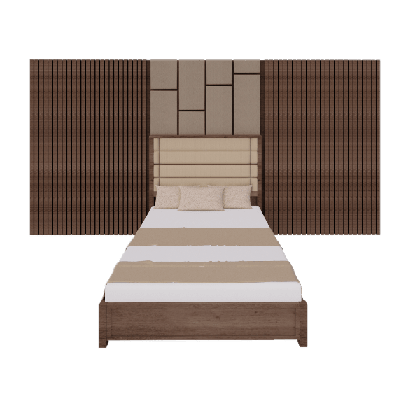 Wooden slat backpanel with bed 3D model, front view with beige tufted headboard and wood frame