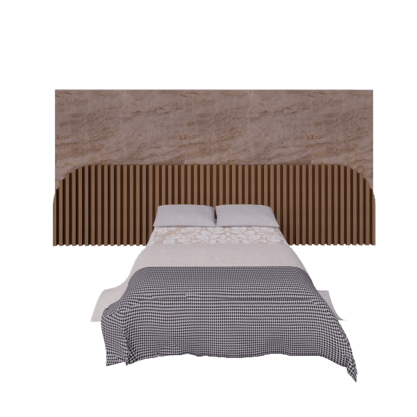 Wooden backpanel with bed 3D model, front view with beige tufted headboard and wood bed frame