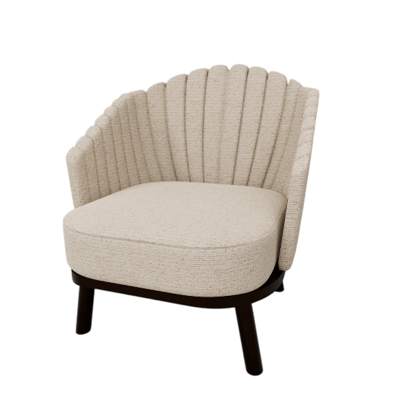 Cream boucle scalloped armchair 3D model with dark wood legs, angled view