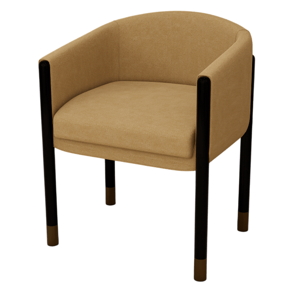 Camel fabric curved back dining armchair 3D model with black legs and brass feet, angled view