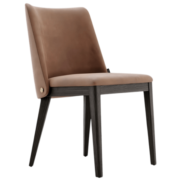 Dompa upholstered dining chair 3D model in rust brown fabric with black wood legs, angled view