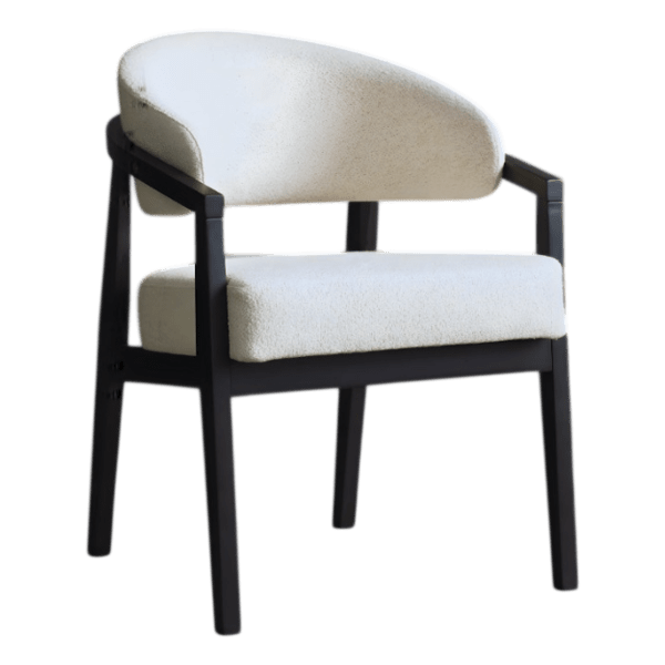 Ember upholstered dining armchair 3D model with black wood frame and cream seat, angled view