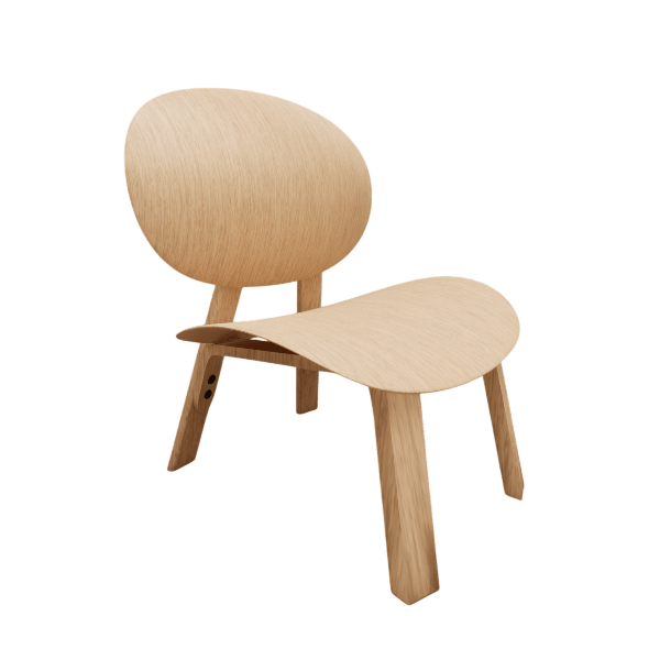 FRÖSET oak veneer lounge chair 3D model with oval back and angled legs, three quarter view