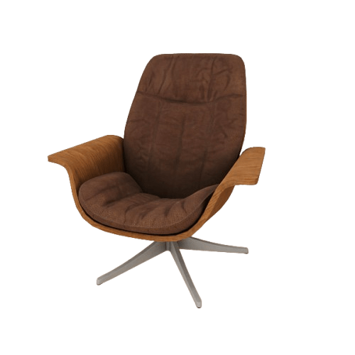 Brown leather swivel lounge chair 3D model with curved wood shell and silver star base, angled view