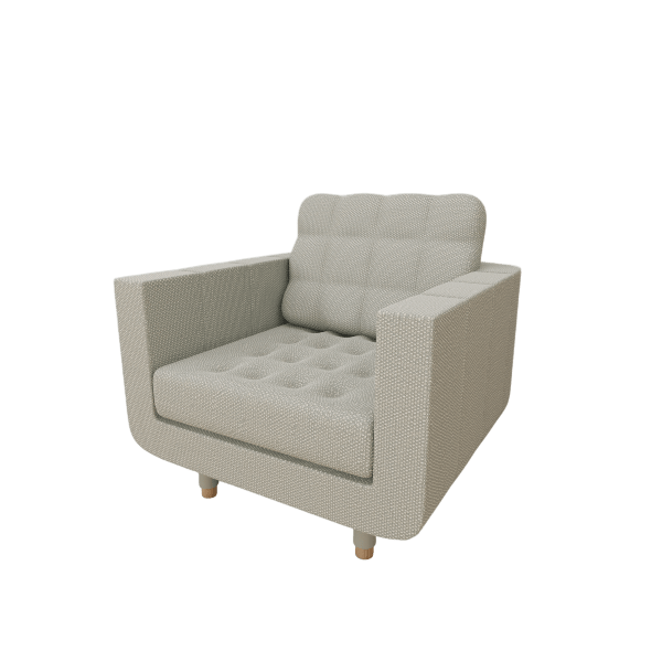 MORABO light green upholstered armchair 3D model with tufted cushions and wood legs, angled view