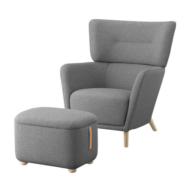 OSKARSHAMN wing chair 3D model in grey fabric with matching storage footstool and wood legs
