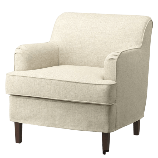 ROCKSJÖN IKEA armchair 3D model in cream fabric with dark wood legs, angled view