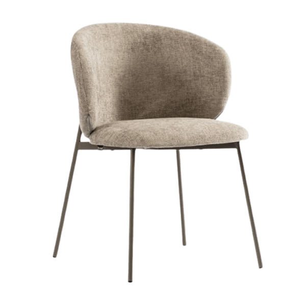 Satori beige fabric dining chair 3D model with curved back and thin metal legs, angled view