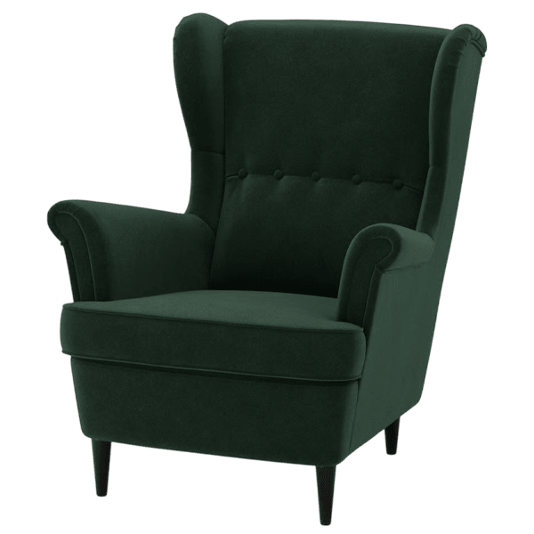 STRANDMON dark green wingback armchair 3D model with black legs, angled view