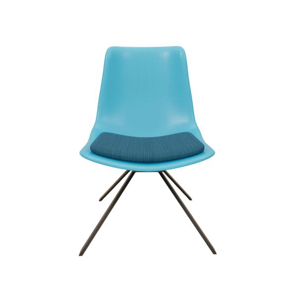 Tulip blue shell chair 3D model with teal seat cushion and angled metal legs, front view