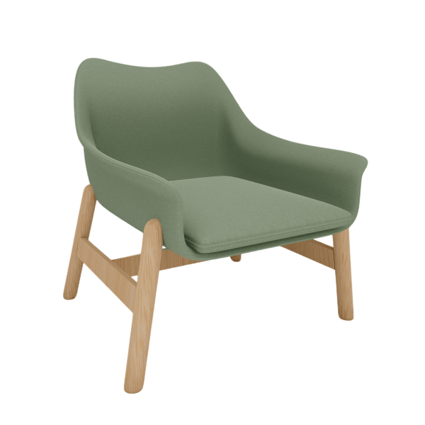 VEDBO sage green armchair 3D model with oak legs and wide arms, angled view