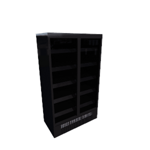 Black double door display fridge 3D model with two glass doors and ventilated base on a white background