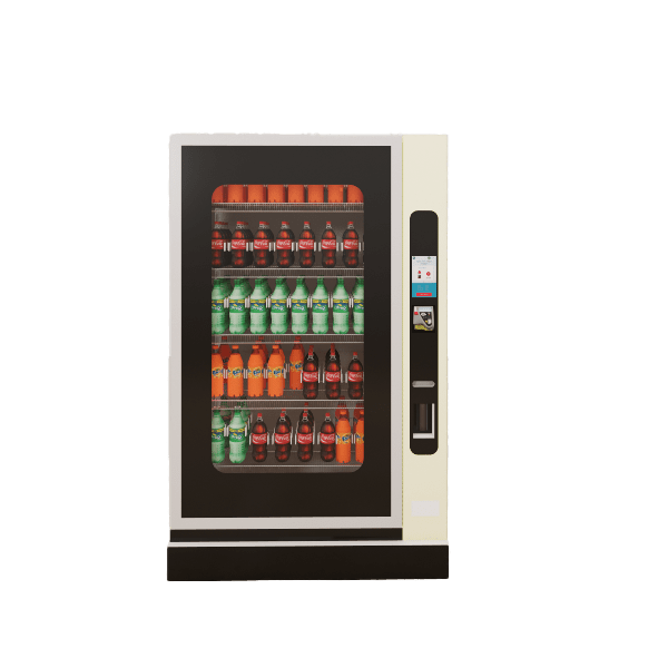 Glass front beverage vending machine 3D model with cream side panel and black touch panel on a white background