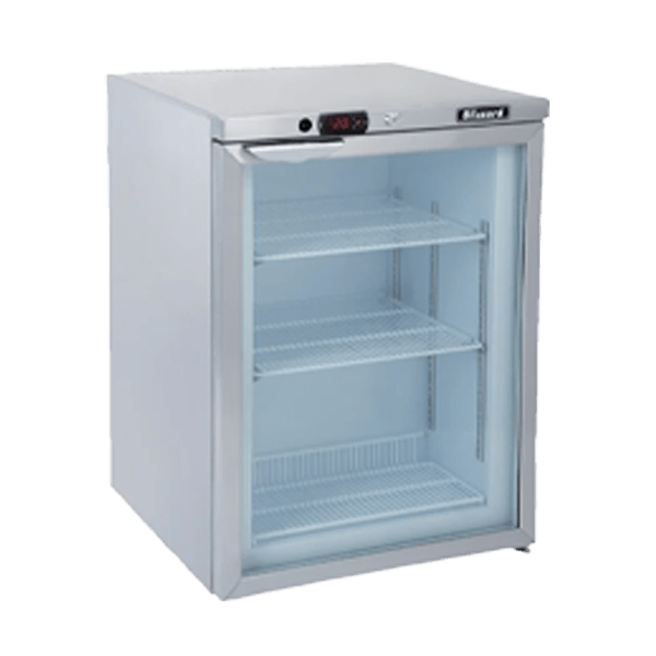 Compact under counter glass door freezer 3D model with wire shelves and digital controller on a white background