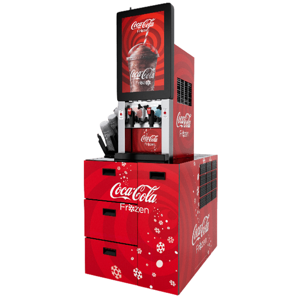Red frozen drink dispenser 3D model with lit screen panel and drawer cabinet base on a white background