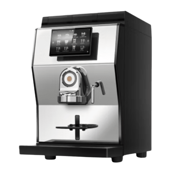 Black and chrome automatic coffee machine 3D model with touch screen, brew head and steam wand on a white backgr