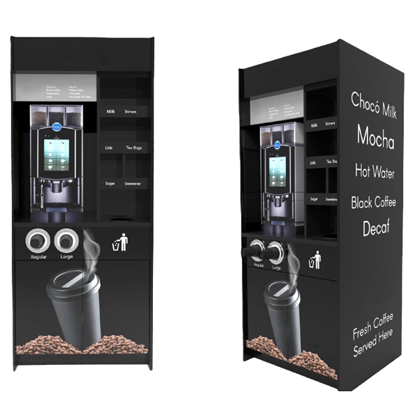 Tall black coffee station tower 3D model with open niche, side cubby shelves and two door base cabinet on white