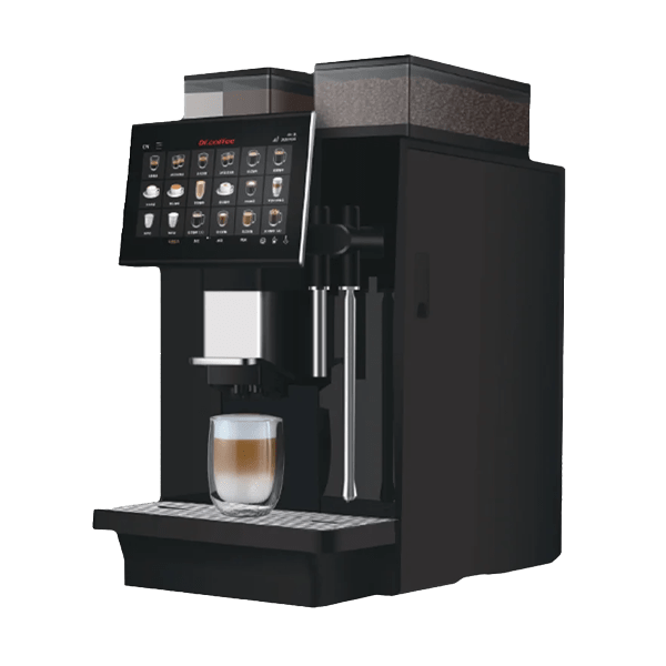 Black commercial automatic coffee machine 3D model with two hoppers, touch screen and steam wand on a white back
