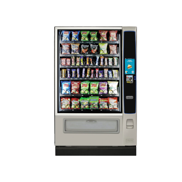 Silver and black glass front snack vending machine 3D model with side screen column on a white background