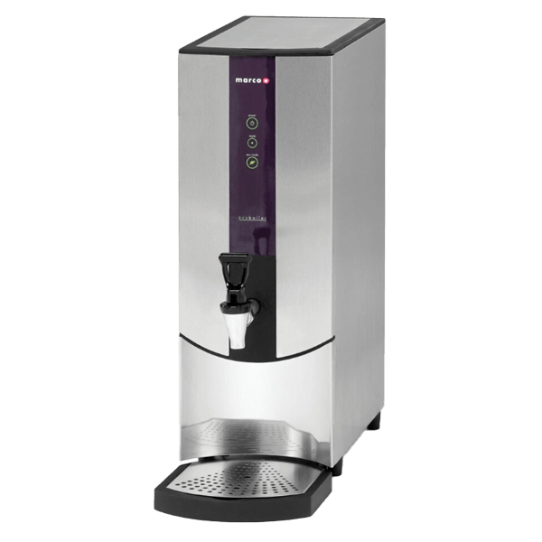 Slim stainless steel countertop water boiler 3D model with purple control panel and black tap on a white backgro