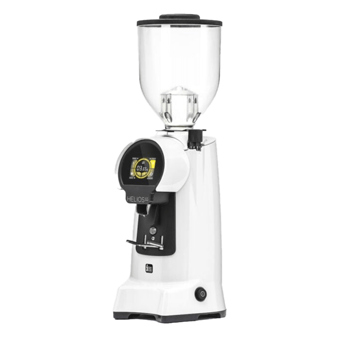 White on demand coffee grinder 3D model with clear bean hopper, touchscreen head and portafilter fork on white