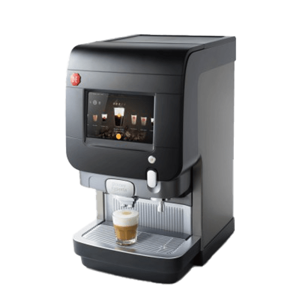 Matte black countertop coffee machine 3D model with touchscreen, silver outlet and grey drip tray on a white background
