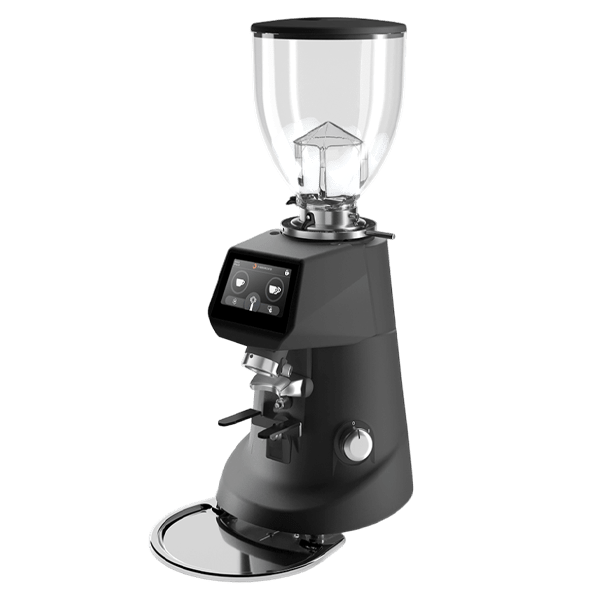 Matte black on demand coffee grinder 3D model with clear hopper, touchscreen head and portafilter fork on white