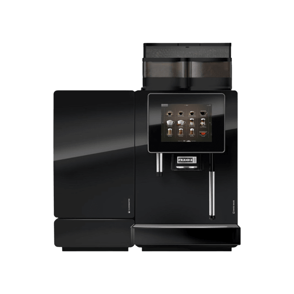 Glossy black bean to cup coffee machine 3D model with touchscreen, twin hoppers and milk cooler on a white backgrund