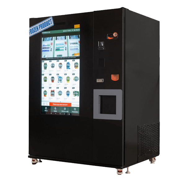 Frozen vending machine 3D model, black cabinet with large touchscreen menu and FROZEN PRODUCT sticker, angled view