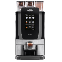 G 100 bean to cup coffee machine 3D model, black and silver body with portrait touchscreen and drink icons