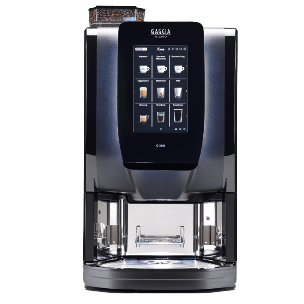 G 300 Krea coffee machine 3D model, black and blue body with portrait touchscreen and drink icons, front view